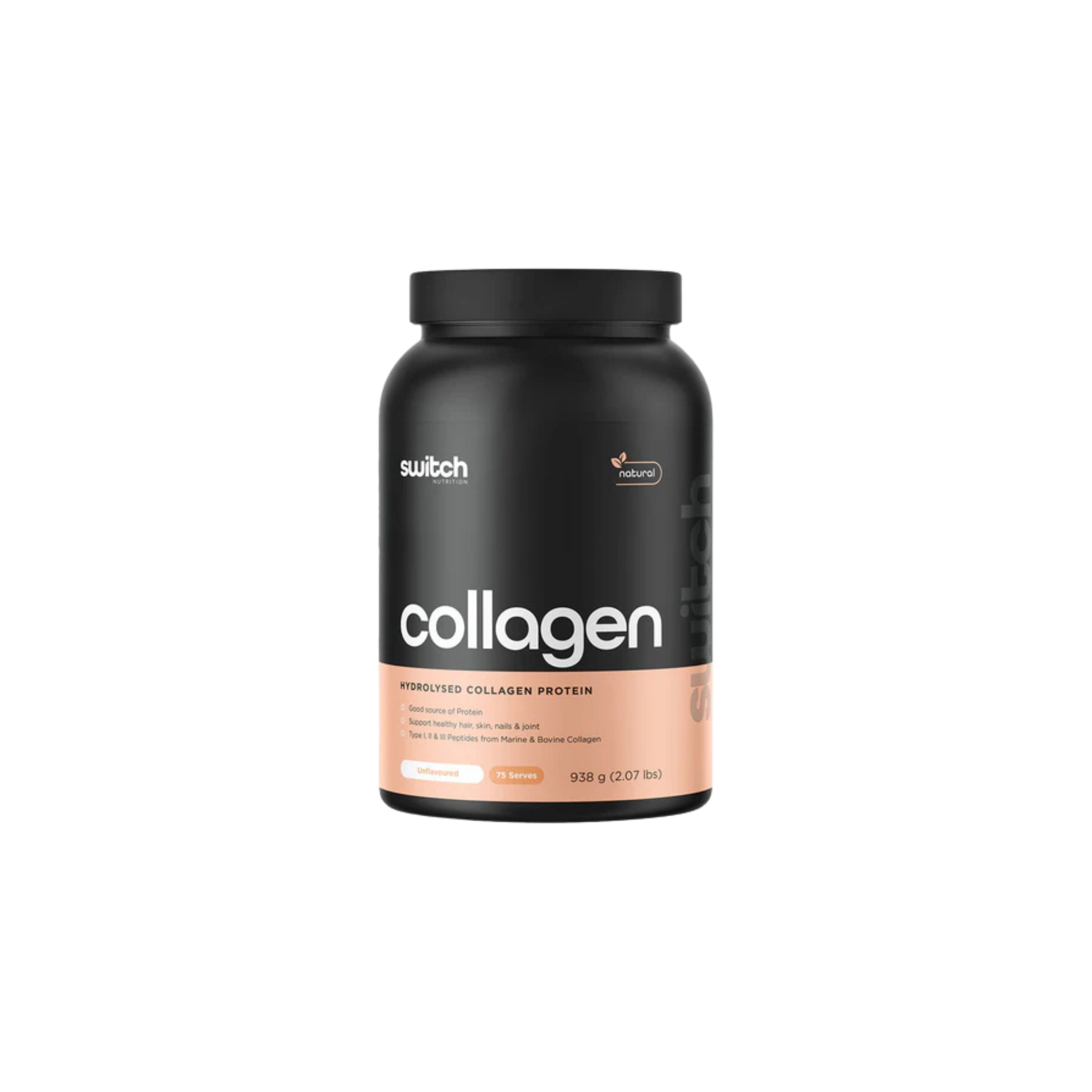 Black container of switch collagen protein on a white background