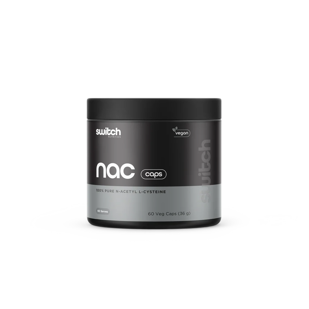 Black container of switch nac caps on a white background