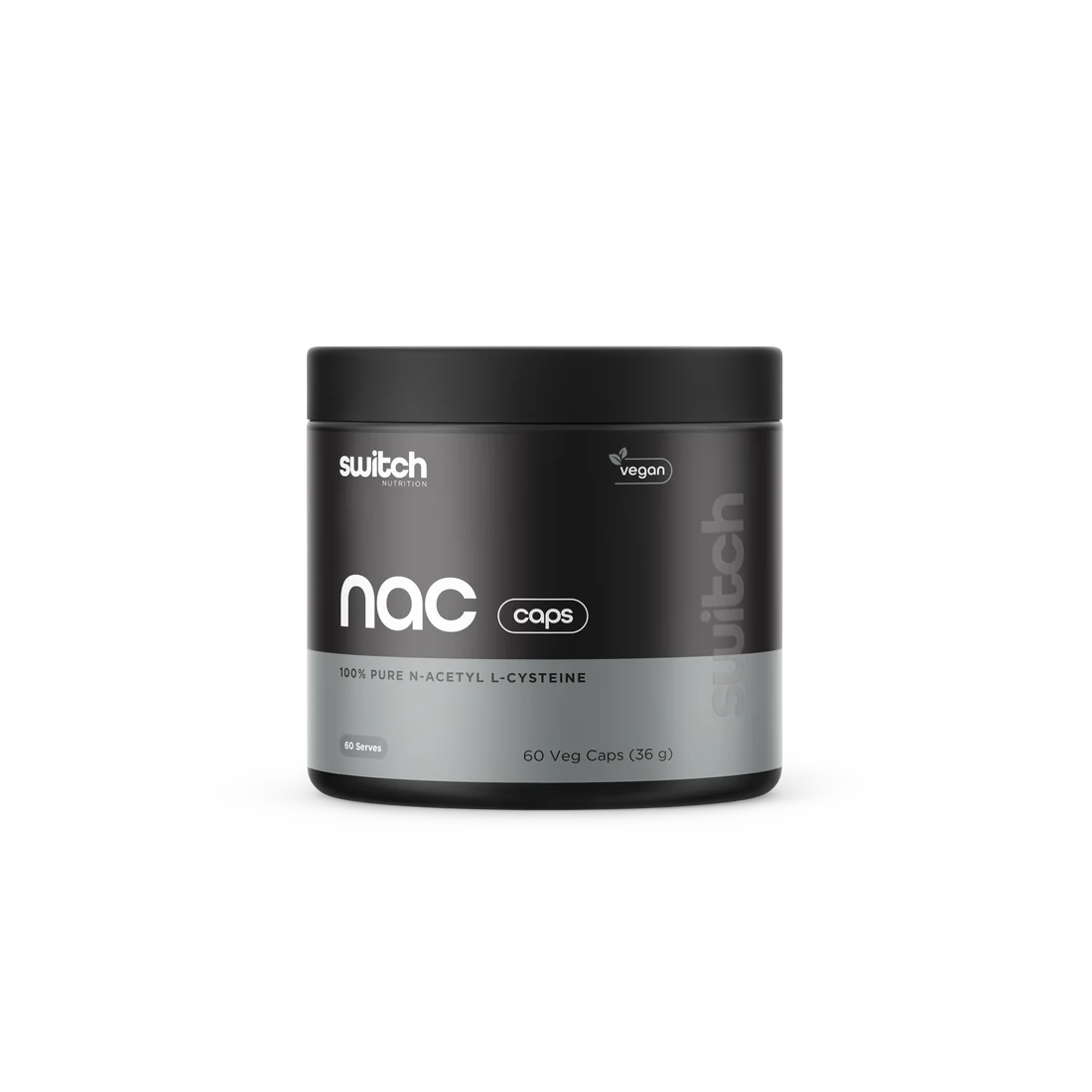 Black container of switch nac caps on a white background