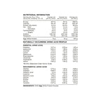 Nutritional information and amino acid profile of a protein powder container on a white background