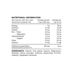 Nutritional information and ingredient list for a supplement on a white background