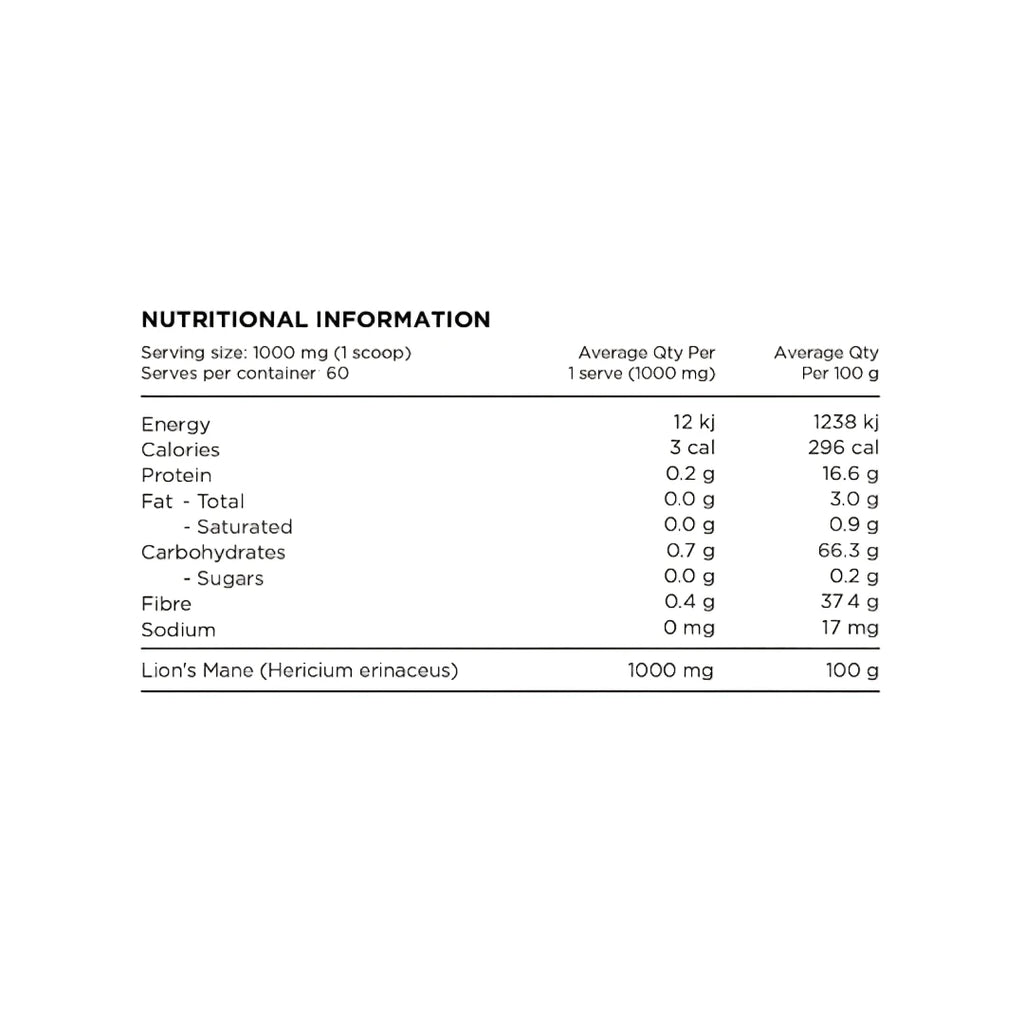 Nutritional information label for a supplement with serving size, calories, and other details.