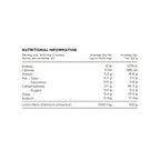 Nutritional information label for a supplement with serving size, calories, and other details.