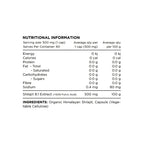 Nutritional information and ingredient list for a Shilajit supplement on a white background