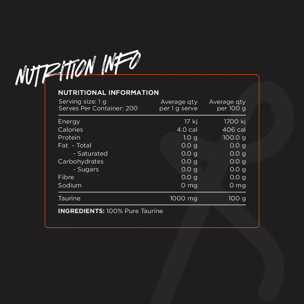 Nutritional information label for a product with taurine on a black background
