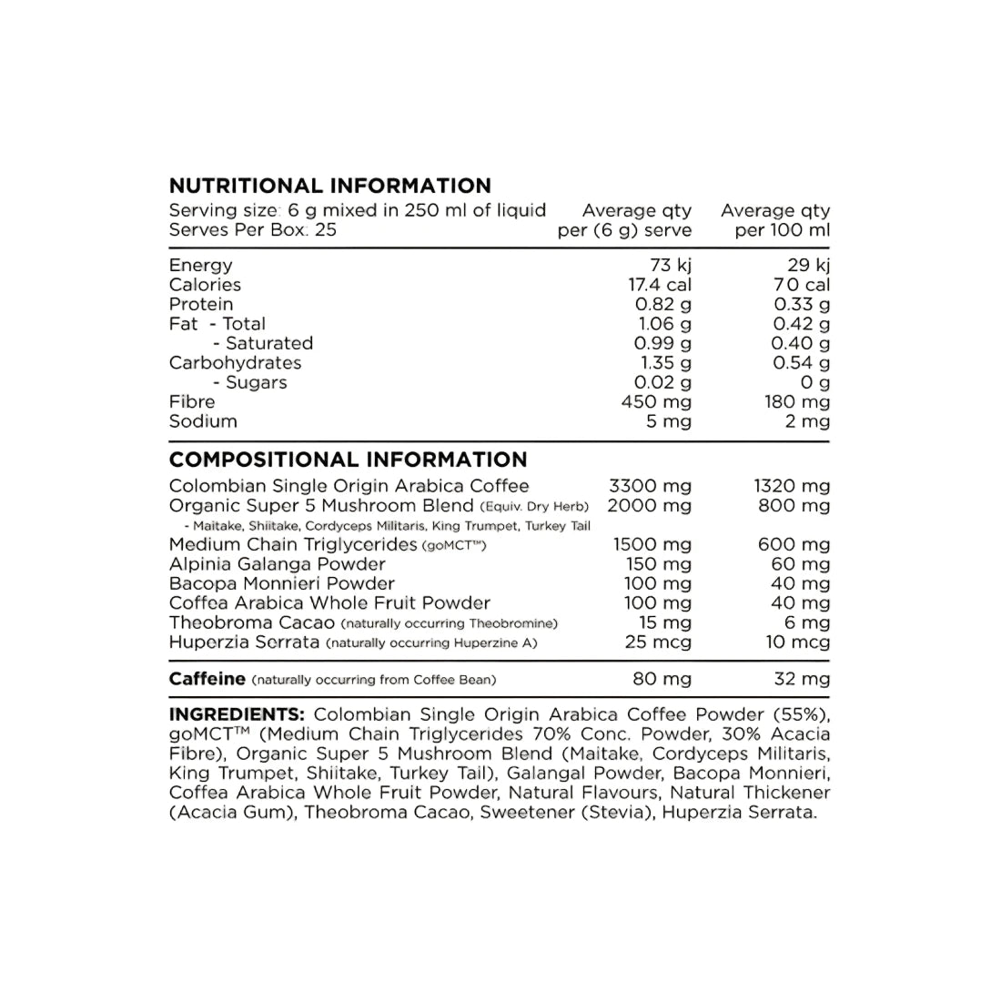 Nutritional and compositional information label for a supplement product.