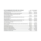 Nutritional supplement label with active ingredients and dosages on a white background