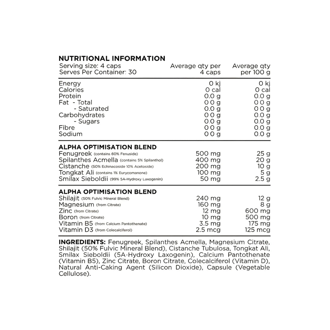 Nutritional information and ingredient list for a supplement on a white background