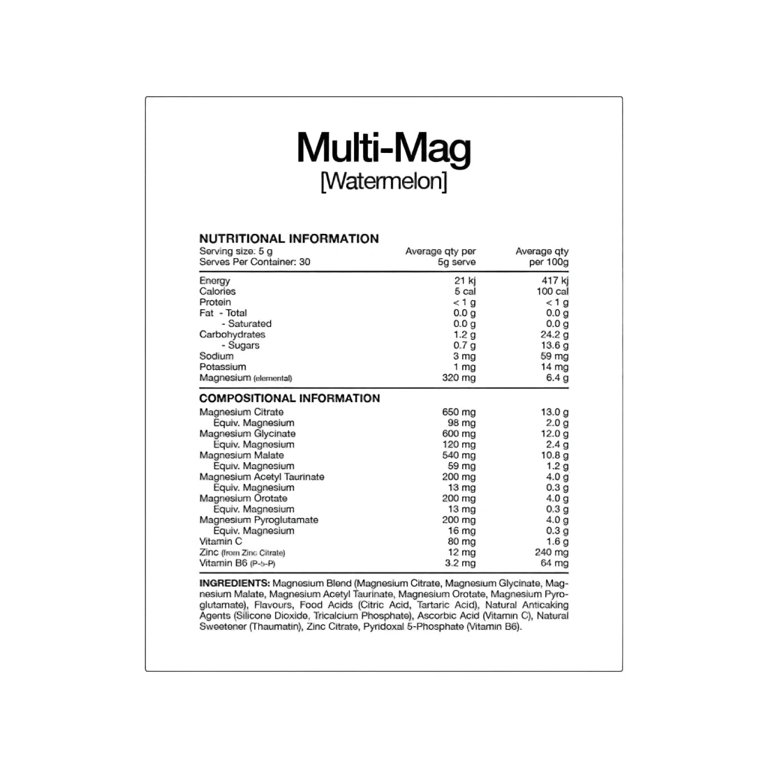 Nutritional information label for Multi-Mag in watermelon flavor on a white background