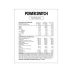 Nutritional and compositional information label for a product named 'Power Switch' with red raspberry flavor.