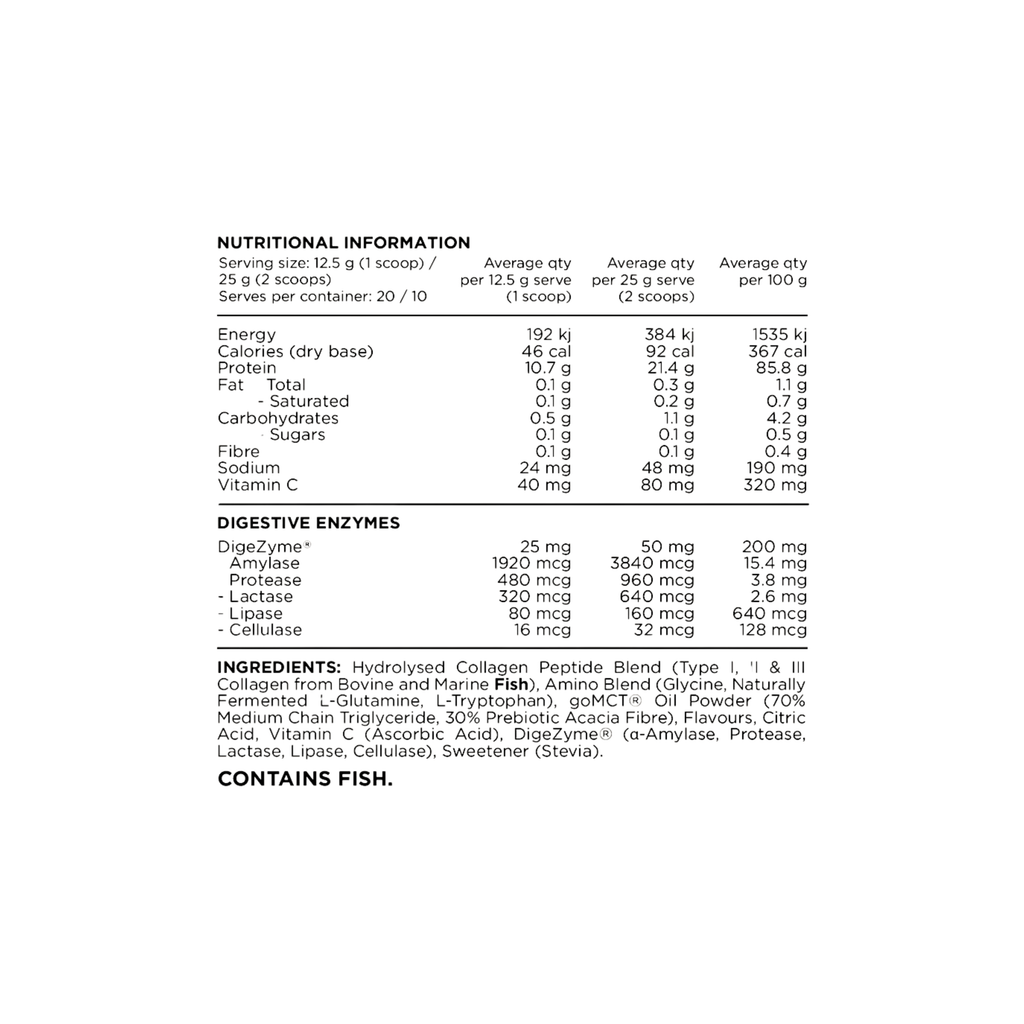 Nutritional information and ingredient list on a white background