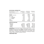 Nutritional information and ingredient list on a white background