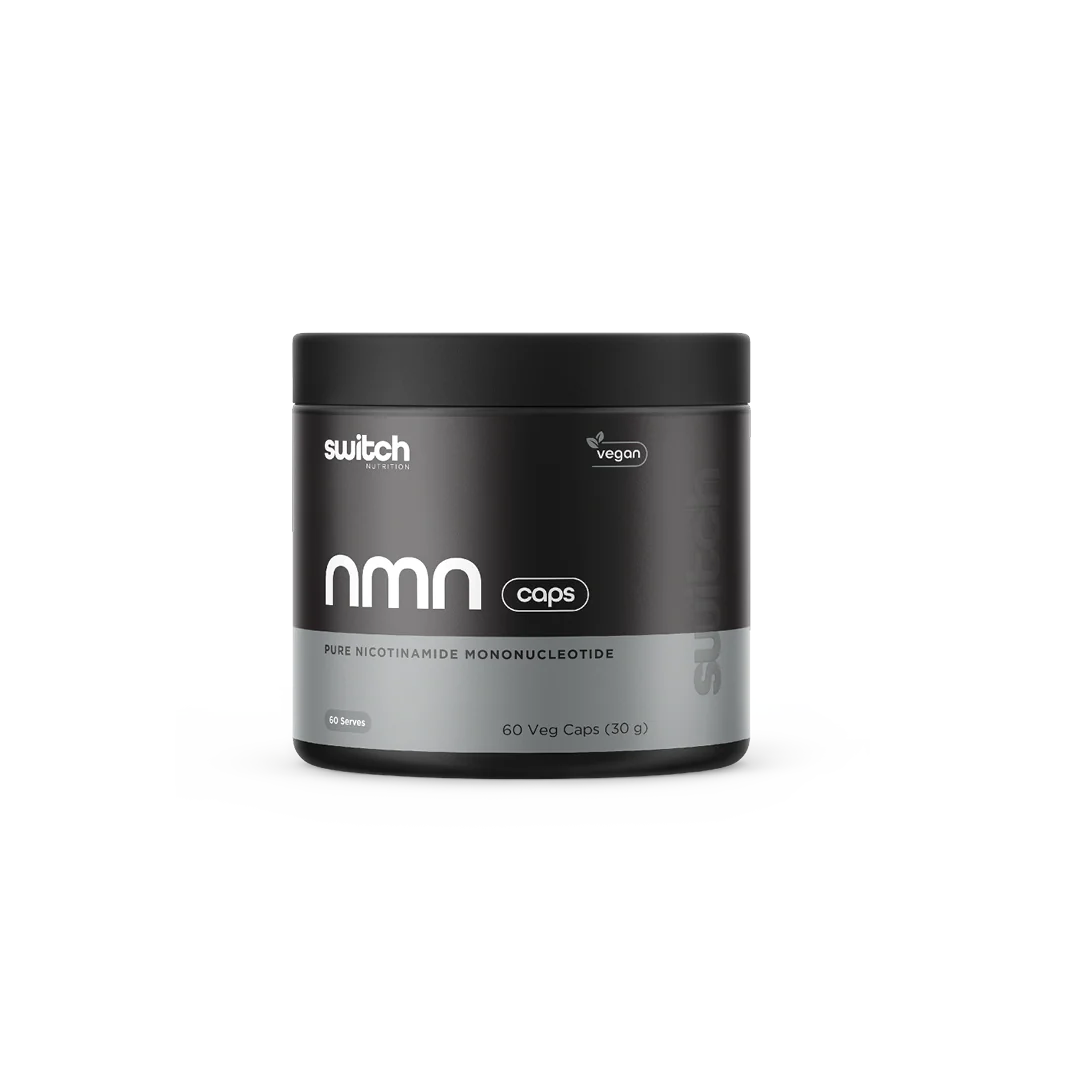 Black and gray container labeled 'switch nmn caps' on a white background