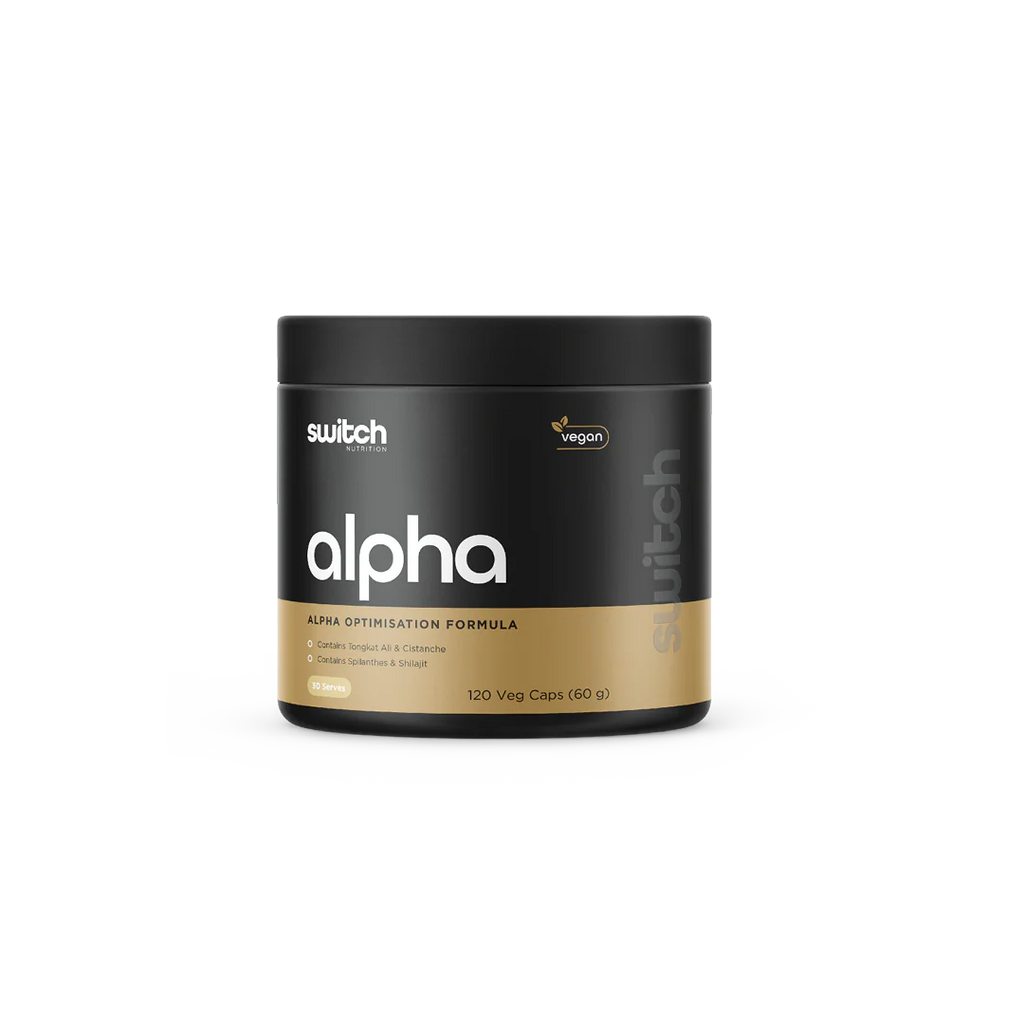 Black and gold supplement container labeled 'switch alpha' on a white background