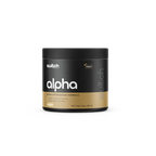 Black and gold supplement container labeled 'switch alpha' on a white background