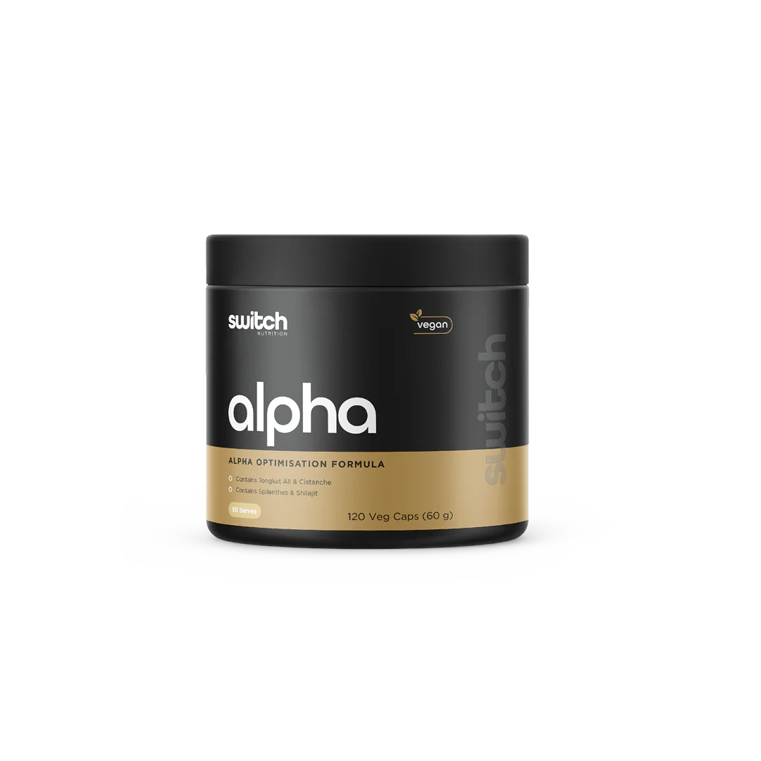 Black and gold supplement container labeled 'switch alpha' on a white background