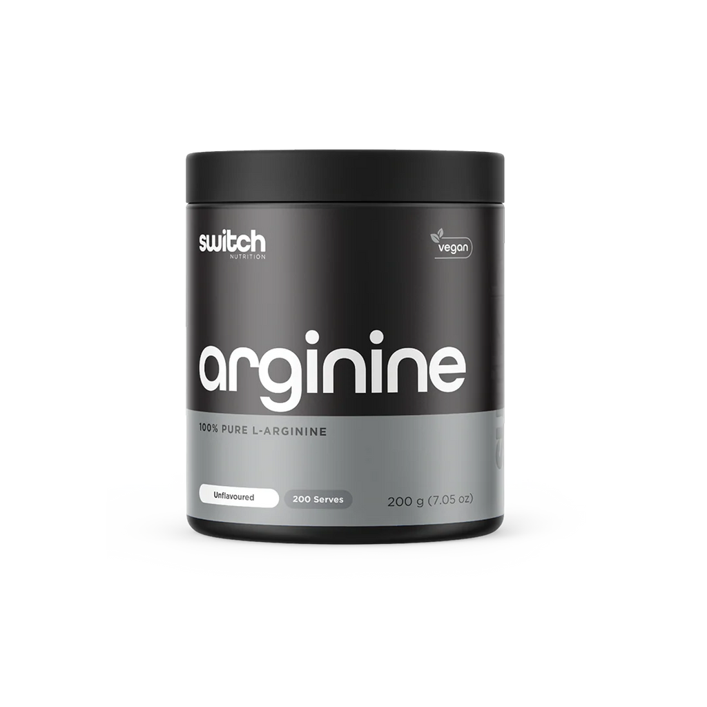 Black and gray container of switch Nutrition arginine powder on a white background