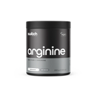 Black and gray container of switch Nutrition arginine powder on a white background