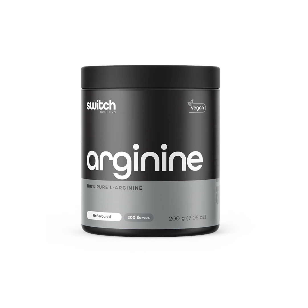 Black and gray container of switch Nutrition arginine powder on a white background