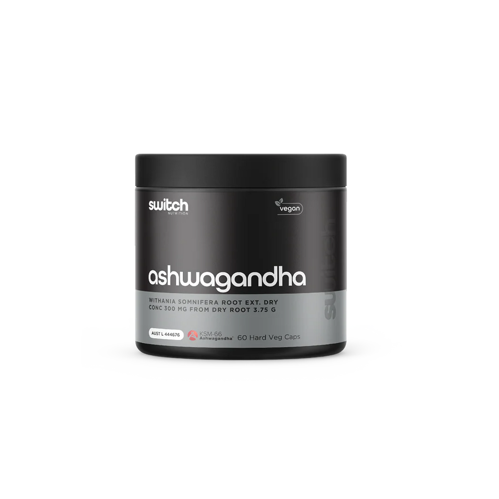 Black container of switch ashwagandha supplement on a white background