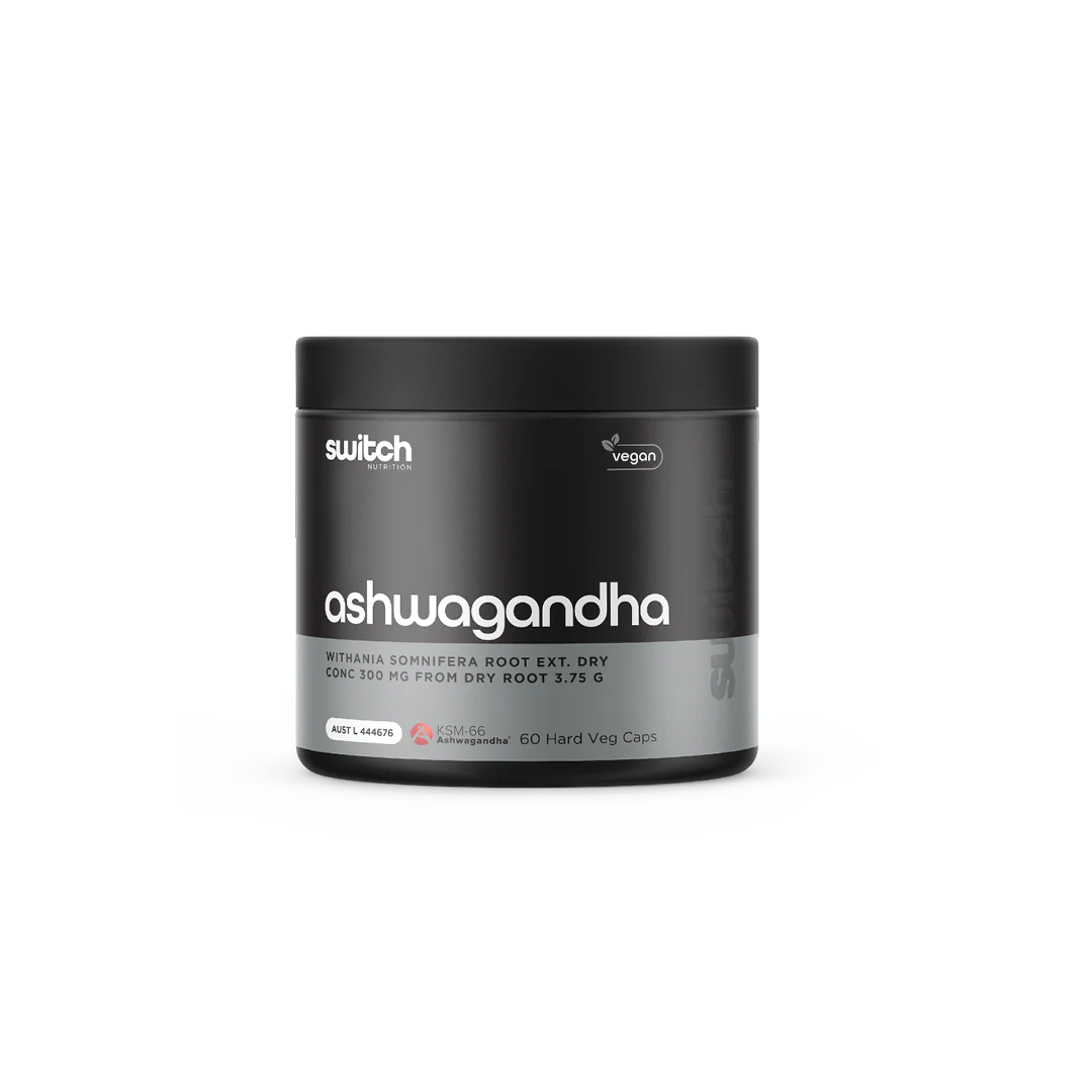 Black container of switch ashwagandha supplement on a white background