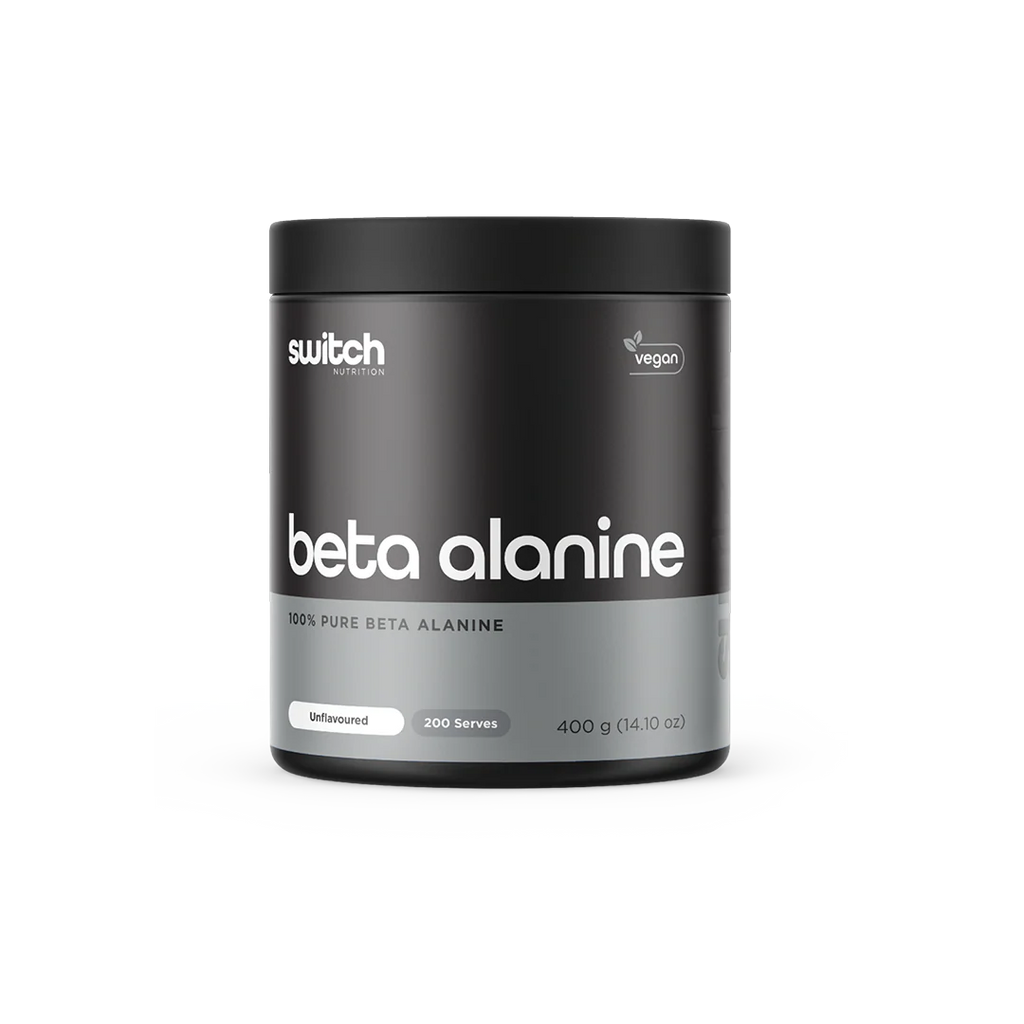Black container of beta alanine supplement with 'switch' branding on a white background