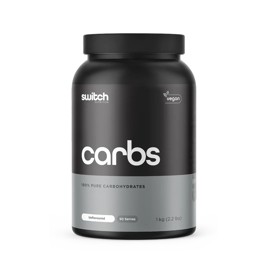 Black container labeled 'carbs' with 'switch' branding on a white background