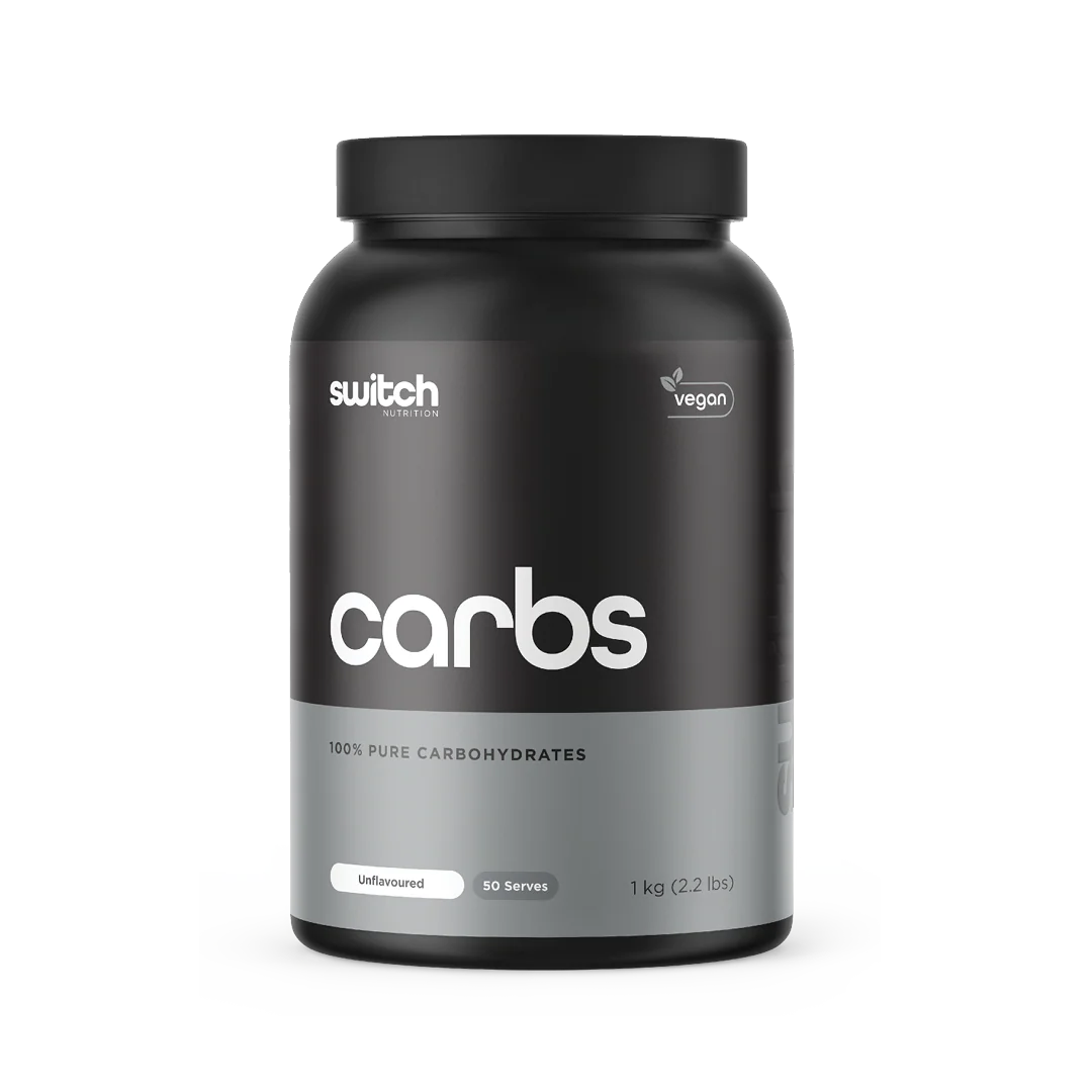 Black container labeled 'carbs' with 'switch' branding on a white background