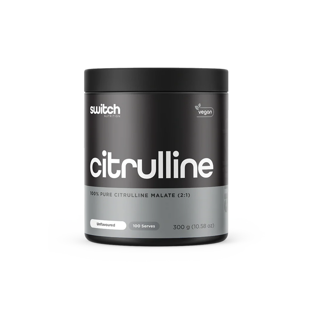 Black and gray container of switch Nutrition citrulline powder on a white background