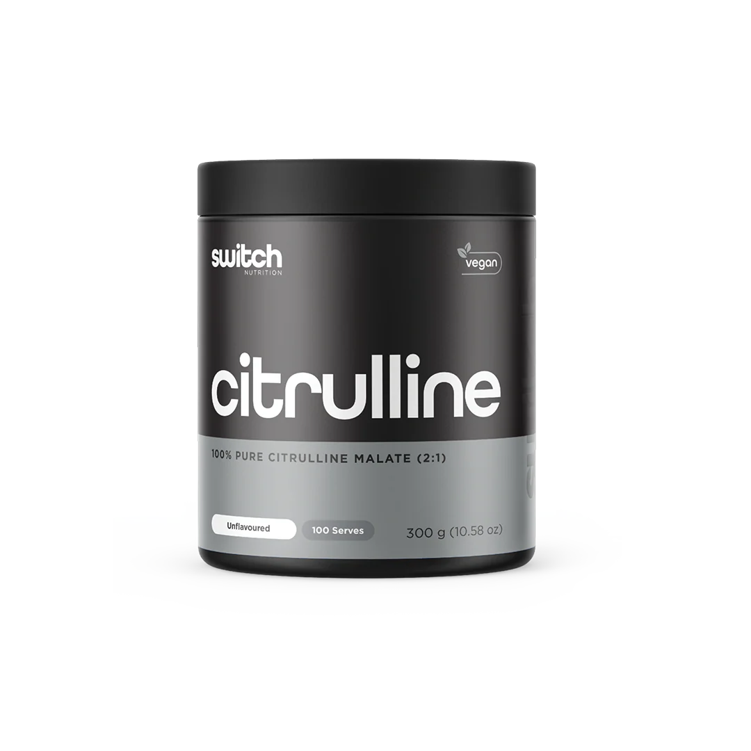 Black and gray container of switch Nutrition citrulline powder on a white background