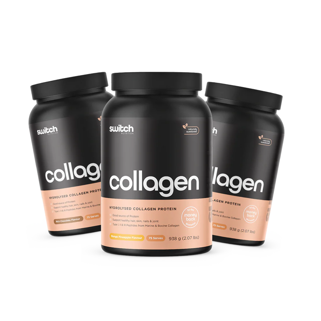 Three containers of switch collagen protein on a white background