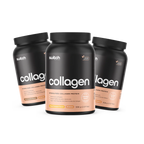 Three containers of switch collagen protein on a white background