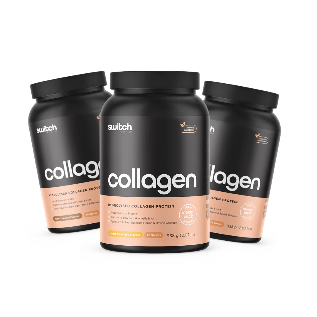 Three containers of switch collagen protein on a white background