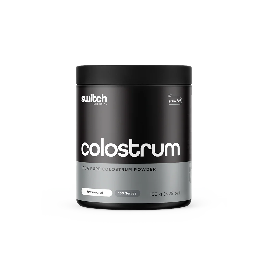 Container of colostrum powder with 'switch' branding on a white background
