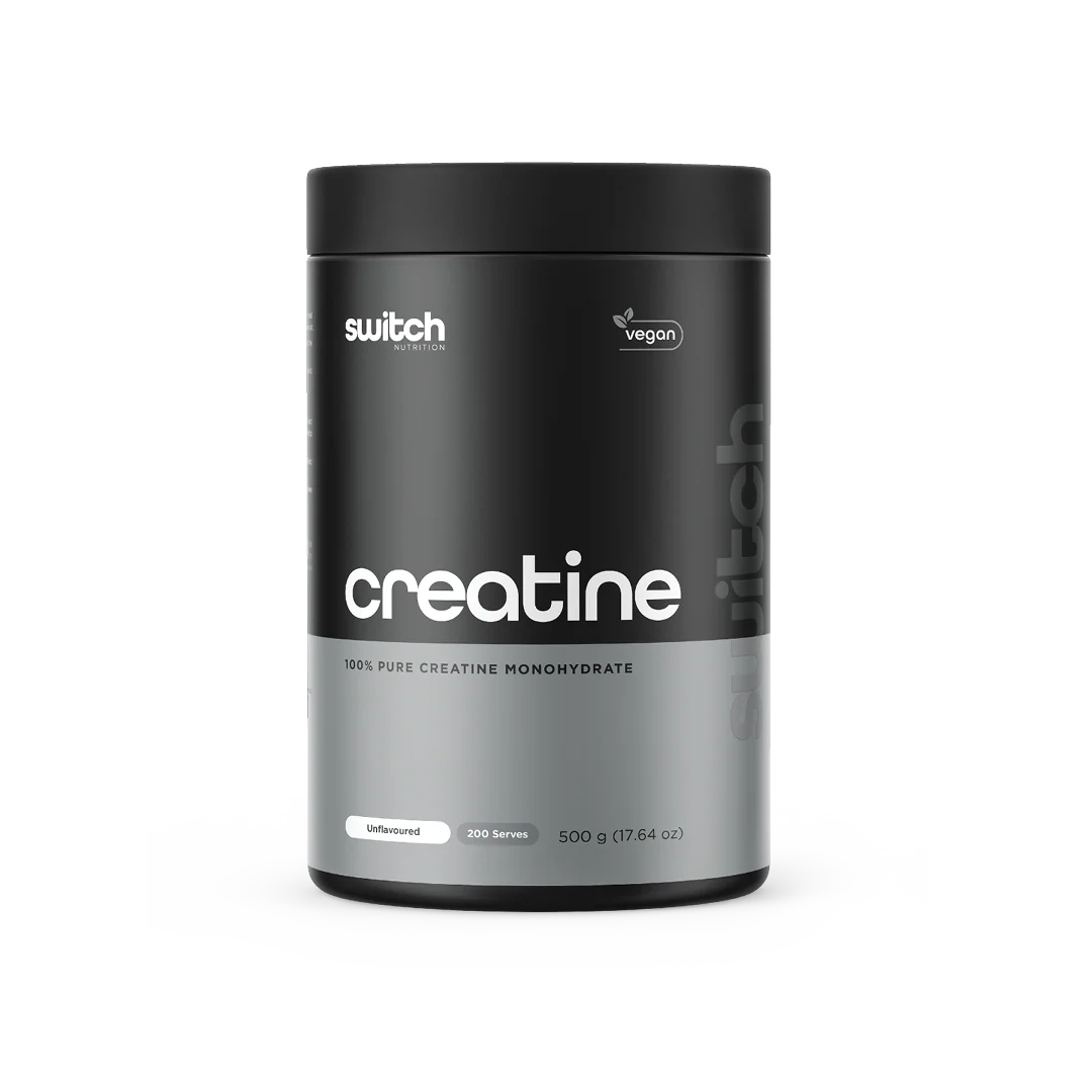 Black and gray container of switch Nutrition creatine powder on a white background