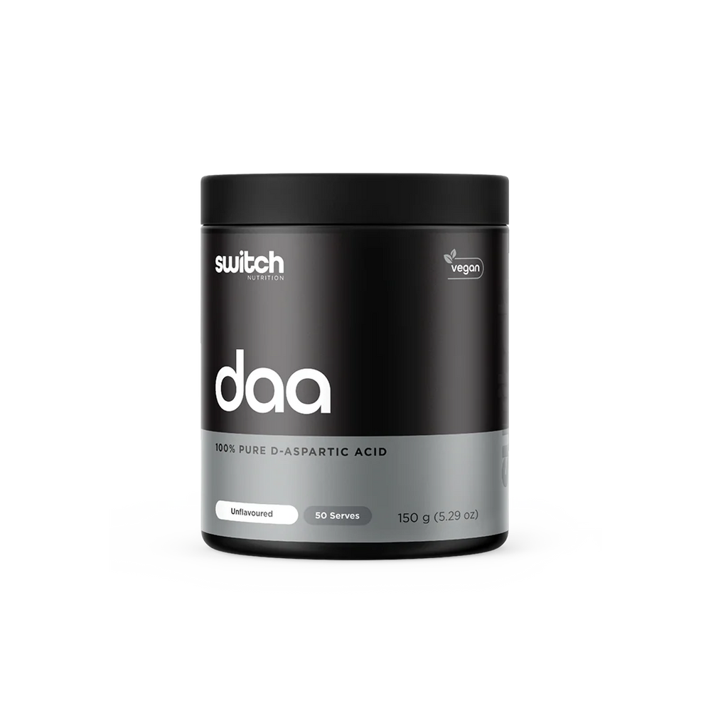 Black container of DAA powder with 'switch' branding on a white background