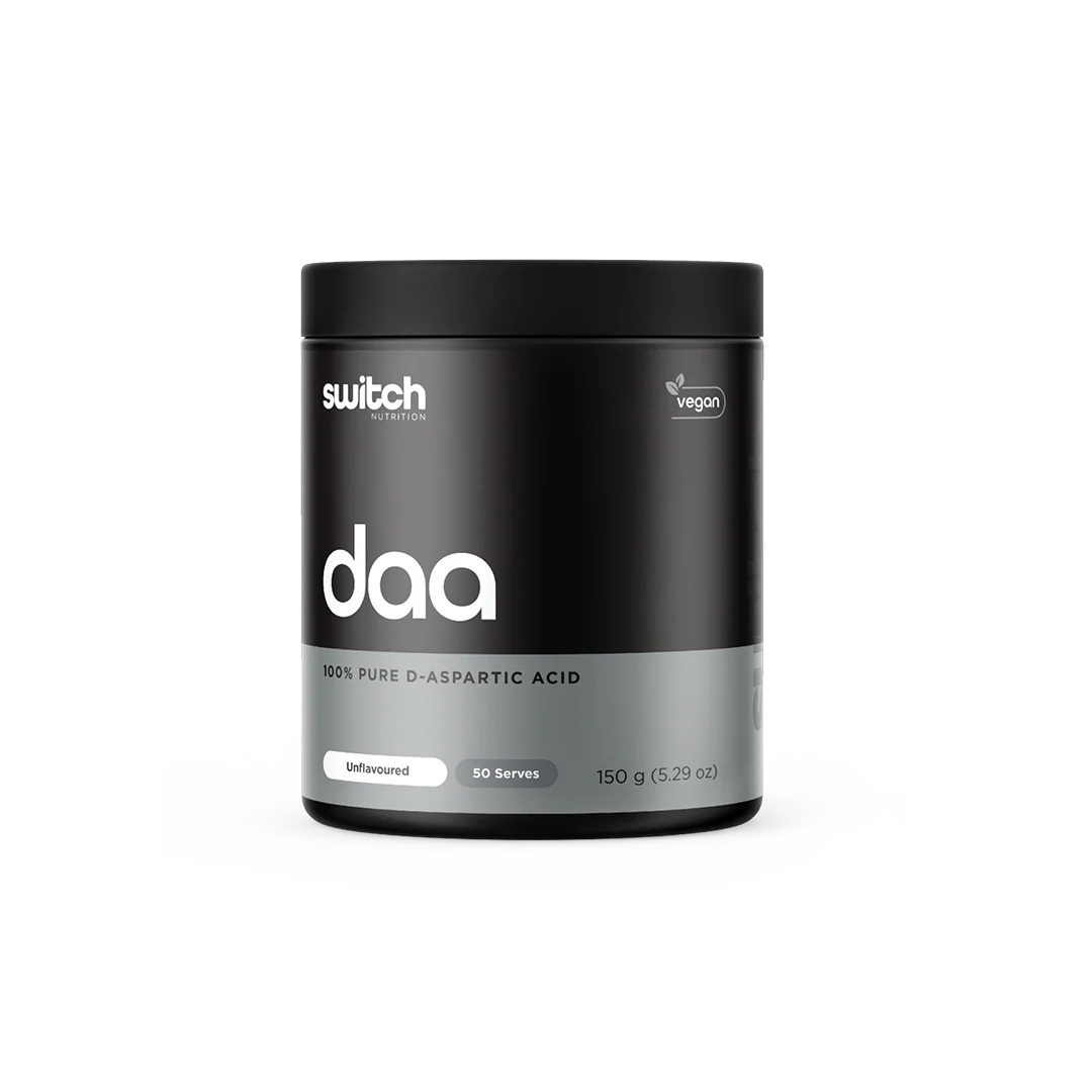 Black container of DAA powder with 'switch' branding on a white background