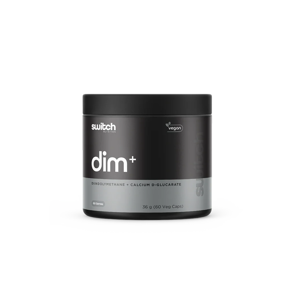 Black container of 'dim+' supplement with 'switch' branding on a white background