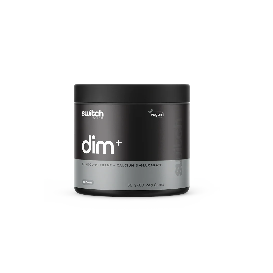 Black container of 'dim+' supplement with 'switch' branding on a white background