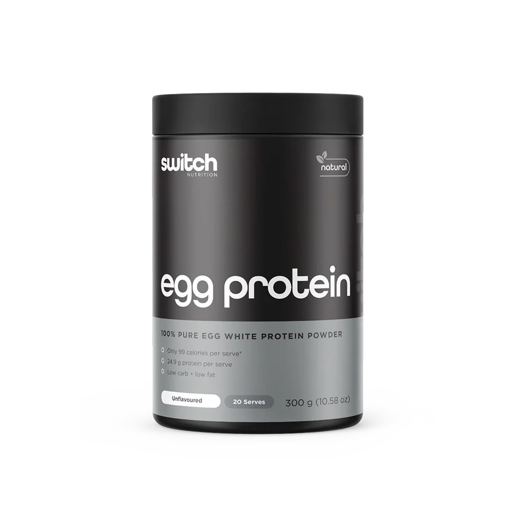 Black container of switch egg protein powder on a white background