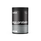 Black container of switch egg protein powder on a white background