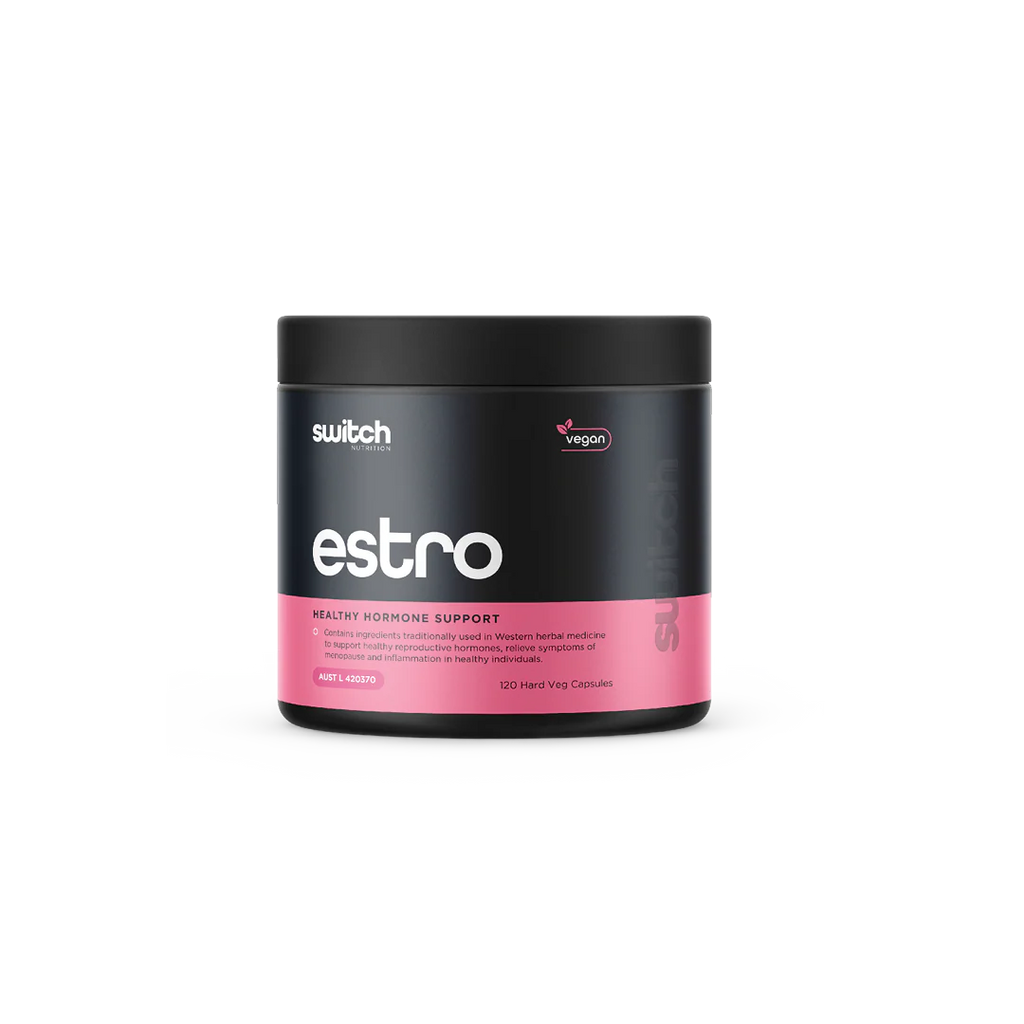 Container of 'estro' health product with black and pink design on a white background