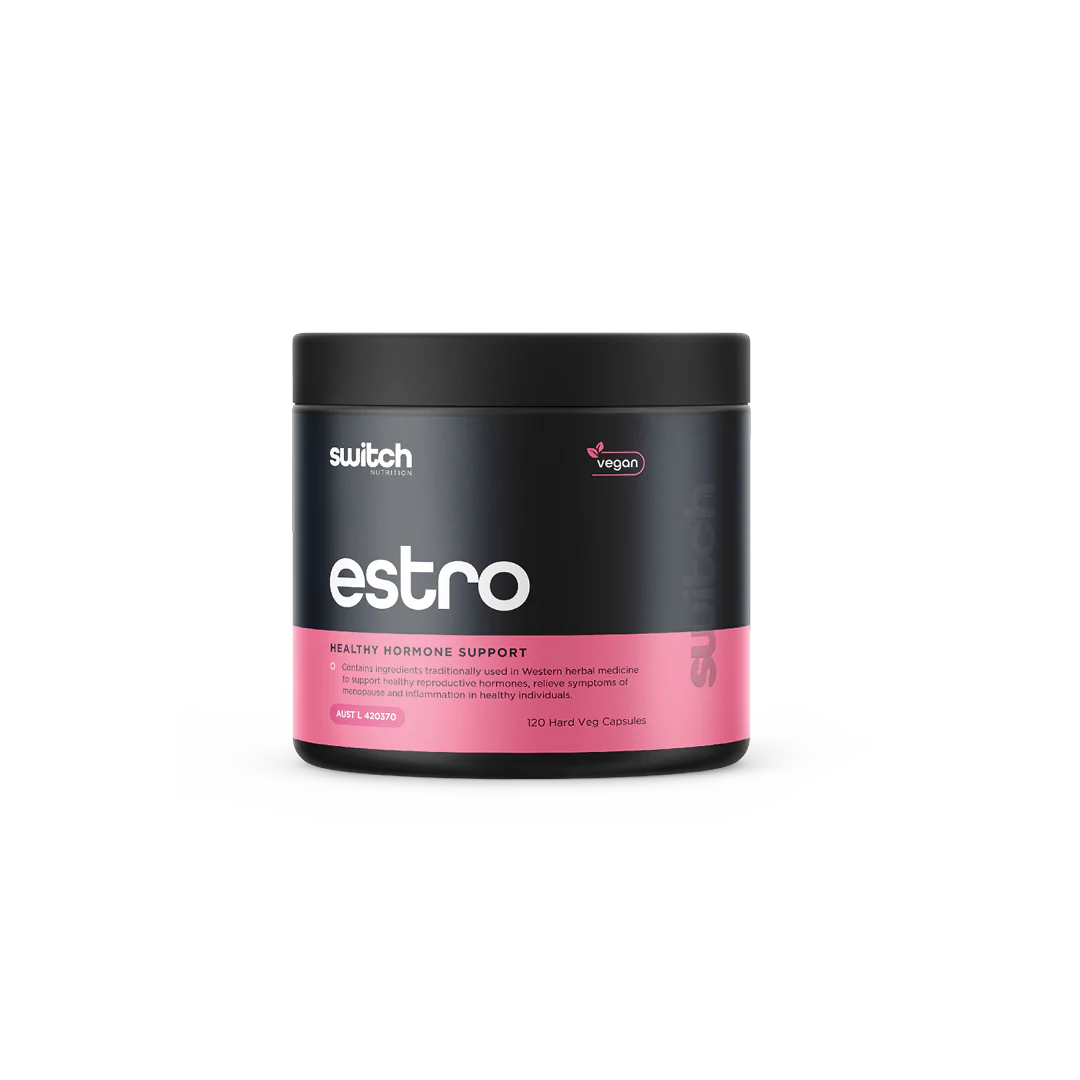 Container of 'estro' health product with black and pink design on a white background