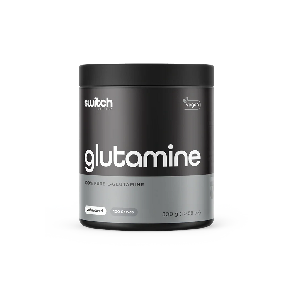 Black container of switch Nutrition glutamine powder on a white background