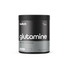 Black container of switch Nutrition glutamine powder on a white background
