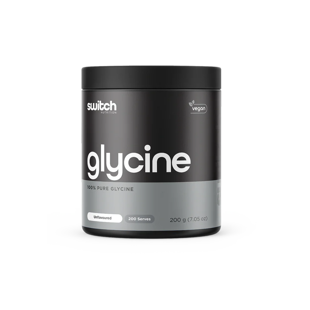Black container of glycine supplement with 'switch' branding on a white background