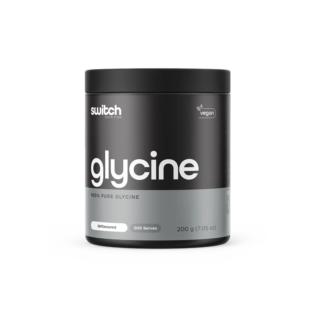 Black container of glycine supplement with 'switch' branding on a white background