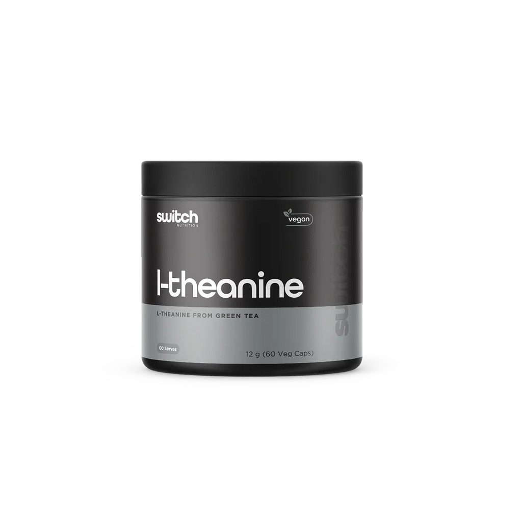Container of i-theanine supplement with 'switch' branding on a white background
