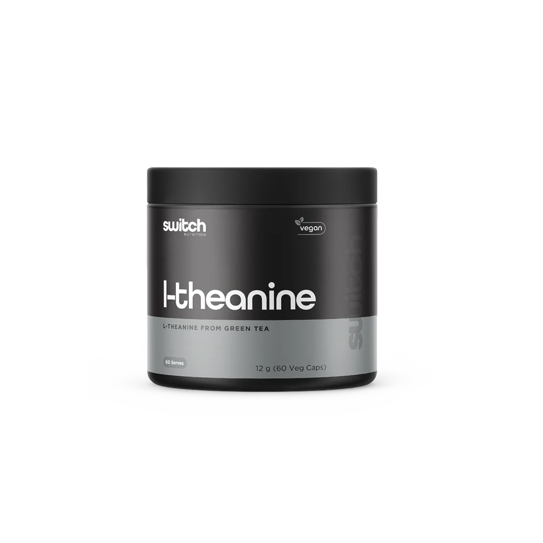Container of i-theanine supplement with 'switch' branding on a white background