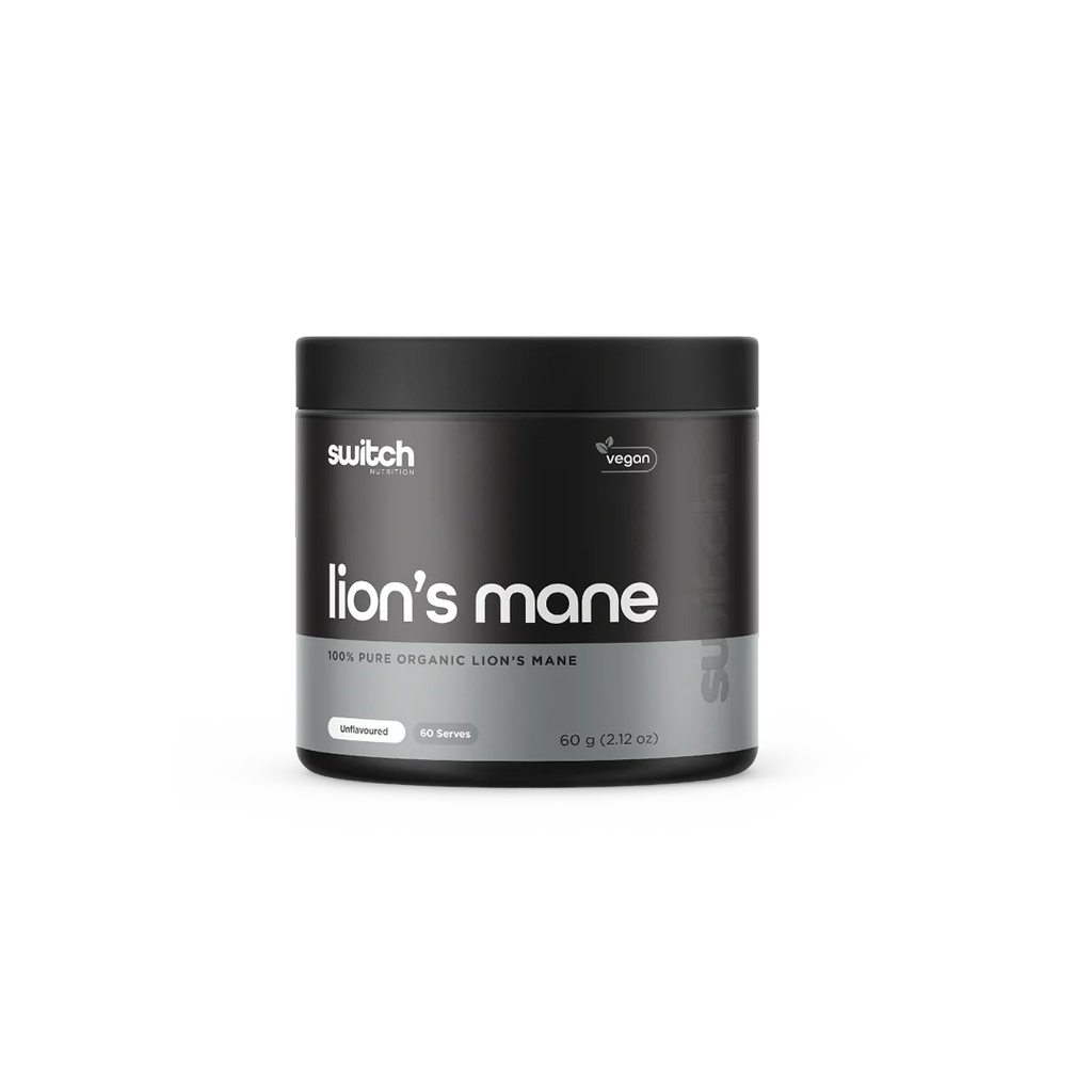 Container of 'Lion's Mane' supplement by Switch on a white background